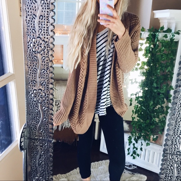 Sweaters - ESBE// Woven Batwing Cardigan Tan Open Knit A118